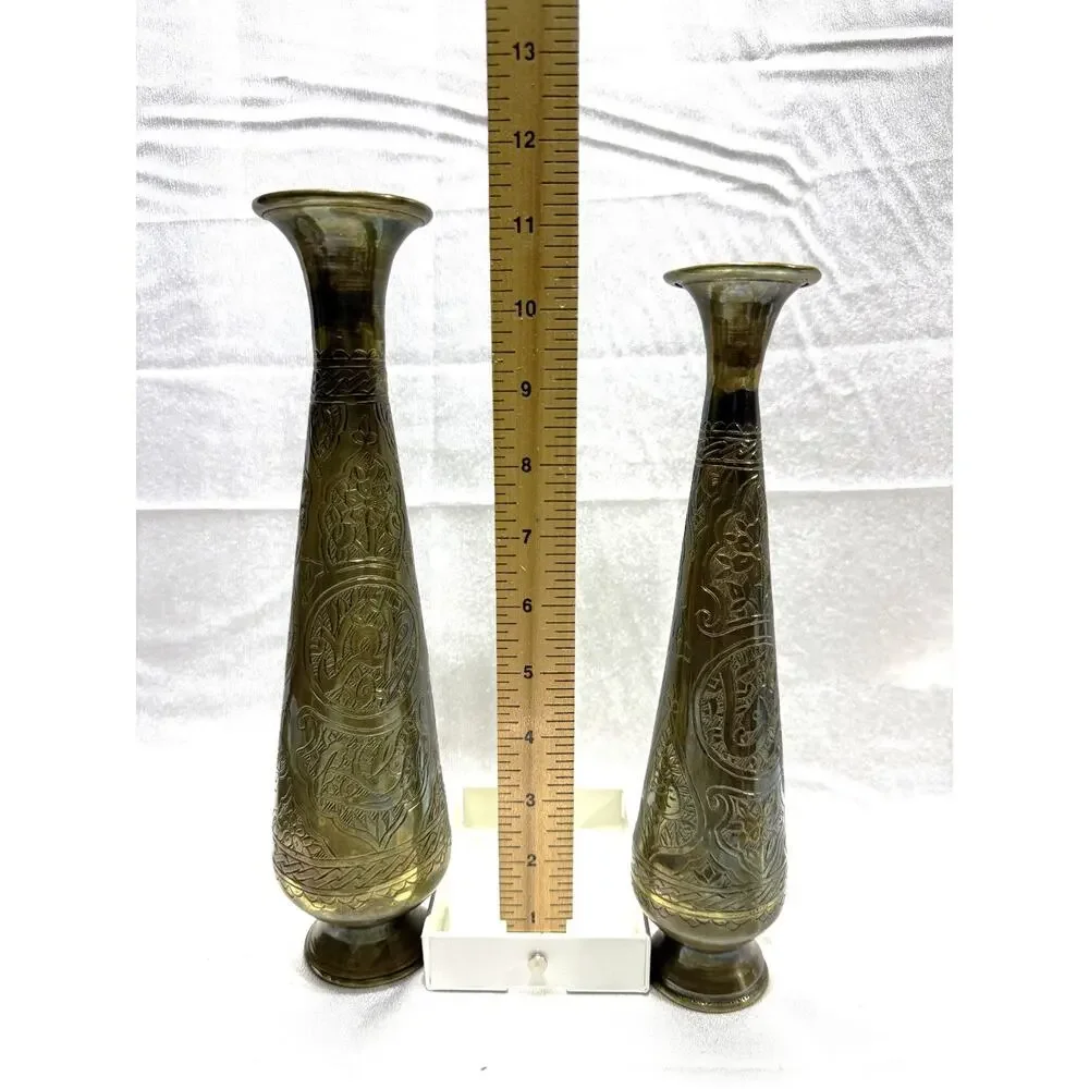 Vintage Brass Engraved Vases Set of 2 Arabic Motif Etched Brass Bud Vases 10” 11